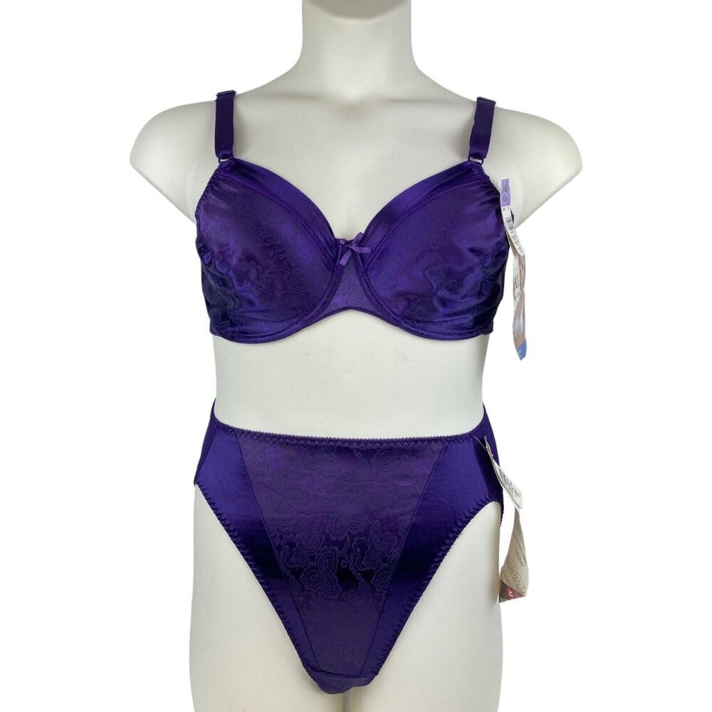NOS Bali Satin Tracings 36DD Bra & L Hi Cut Brief Purple Print Full Figure NWT